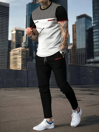 Conjunto de duas peças composto por camiseta de gola careca respirável e calça *oversized* de pernas largas.