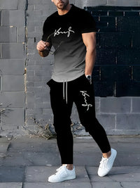 Conjunto de duas peças composto por camiseta de gola careca respirável e calça *oversized* de pernas largas.