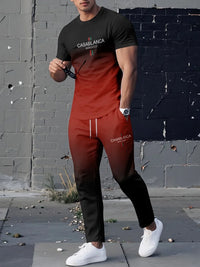 Conjunto de duas peças composto por camiseta de gola careca respirável e calça *oversized* de pernas largas.
